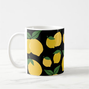 Lemon Mönster Retro Fruit Gult on Black Kaffemugg