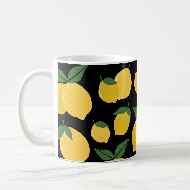 Lemon Mönster Retro Fruit Gult on Black Kaffemugg (Vänster)
