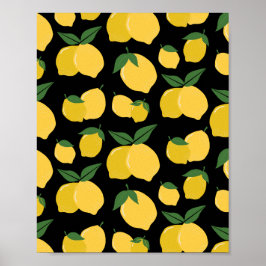 Lemon Mönster Retro Fruit Gult on Black Poster