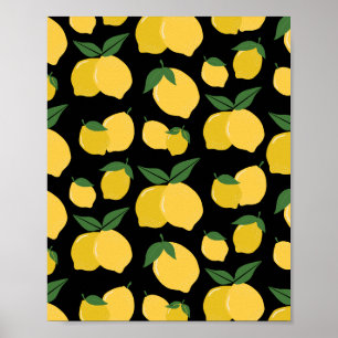 Lemon Mönster Retro Fruit Gult on Black Poster