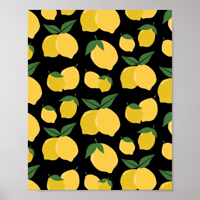 Lemon Mönster Retro Fruit Gult on Black Poster (Framsidan)