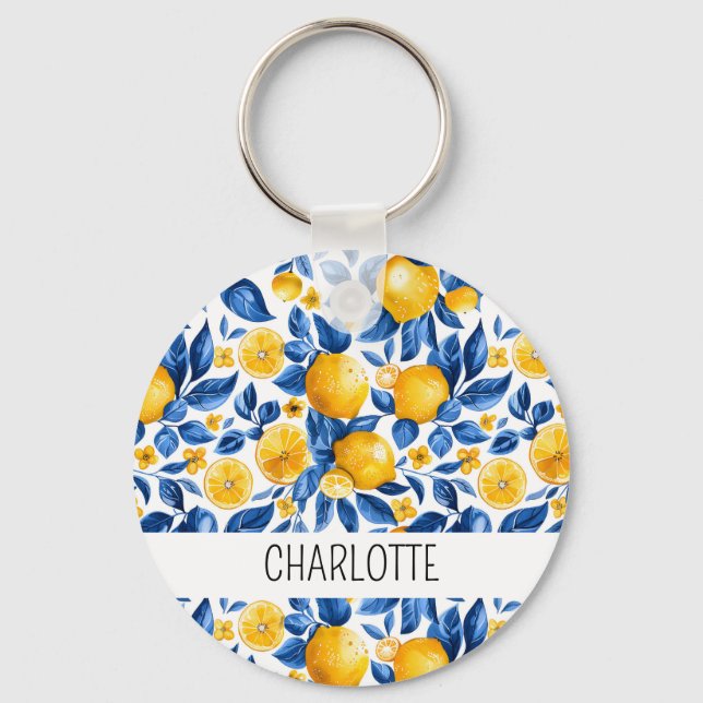 Lemon Mönster Tropical Fruit Personlig Namn Nyckelring (Framsida)