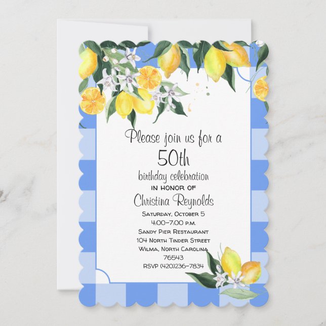 Lemon och Blue Gingham 50:e födelsedagen Inbjudningar (Framsida)