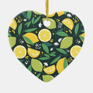 Lemon och Limes Fruit Mönster i Grönt och Gult Julgransprydnad Keramik