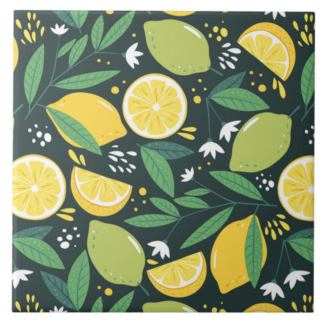 Lemon och Limes Fruit Mönster i Grönt och Gult Kakelplatta (Framsidan)