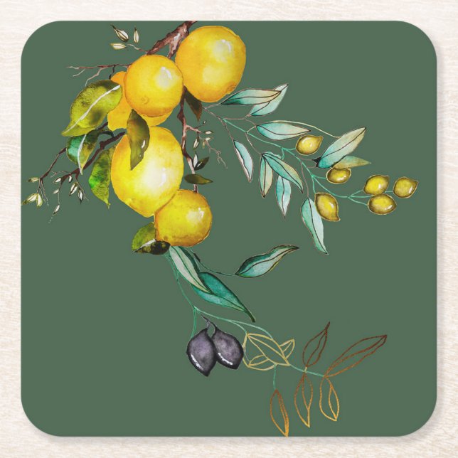 Lemon och Olive Watercolor Art Underlägg Papper Kvadrat (Framsidan)
