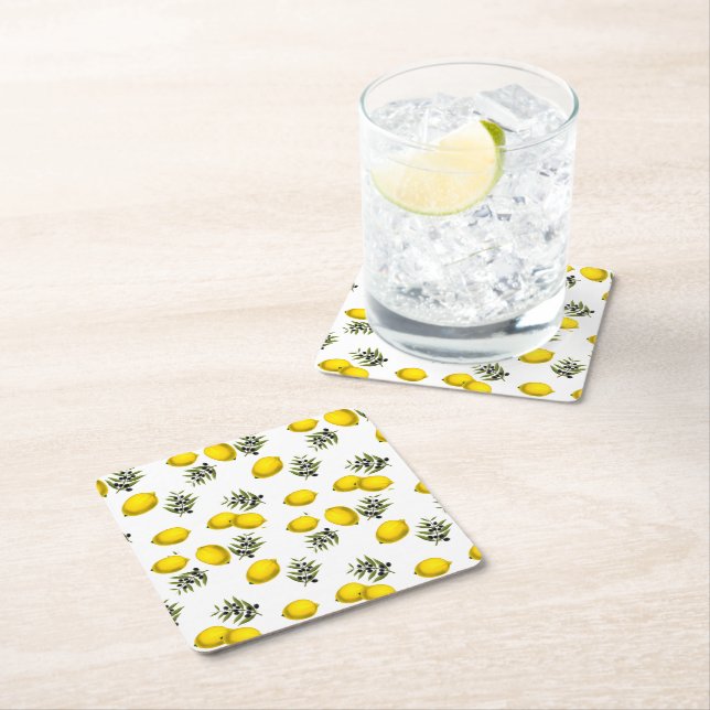 Lemon & Olive Botanical Art Mönster Underlägg Papper Kvadrat (Insitu)