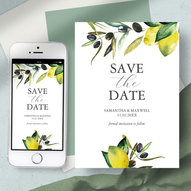 Lemon Olive sparar den moderna vattenfärgen Date M Spara Datumet (save the date card digital template wedding theme mediterranean invitation lemon olives botanical)