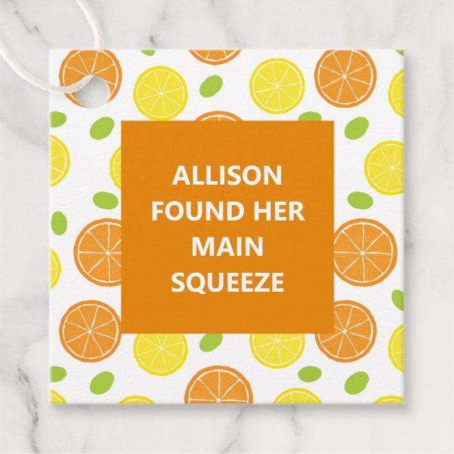 Lemon & Orange Bröllop Möhippa Viktigaste Squeeze Gåvor Etiketter (Framsida)