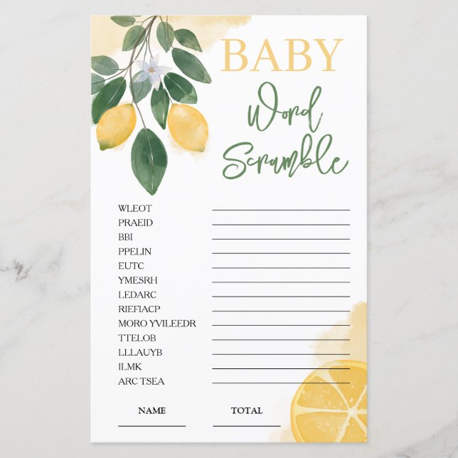 Lemon Ord Scramble Baby Shower-spel (Framsida)