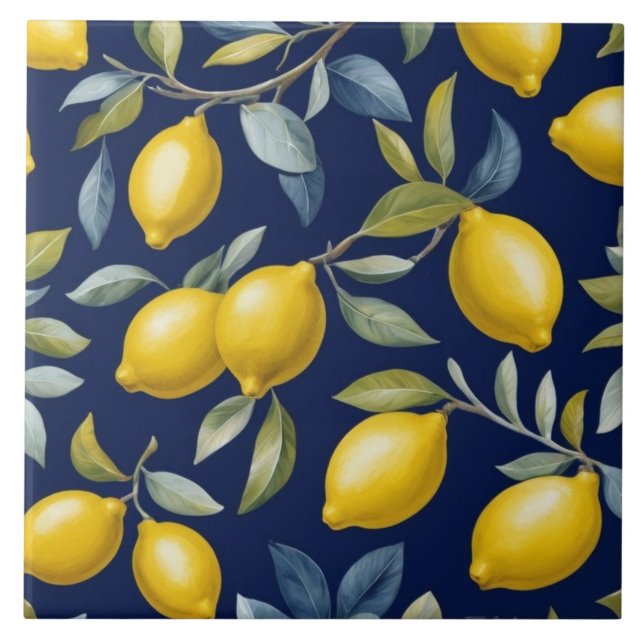 Lemon Pattern on Dark Navy Blue Kakelplatta (Framsidan)