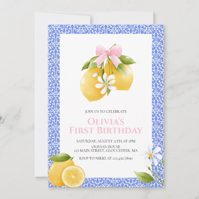 Lemon Pink Bow prydlig Coquette födelsedag Inbjudningar (Framsida)