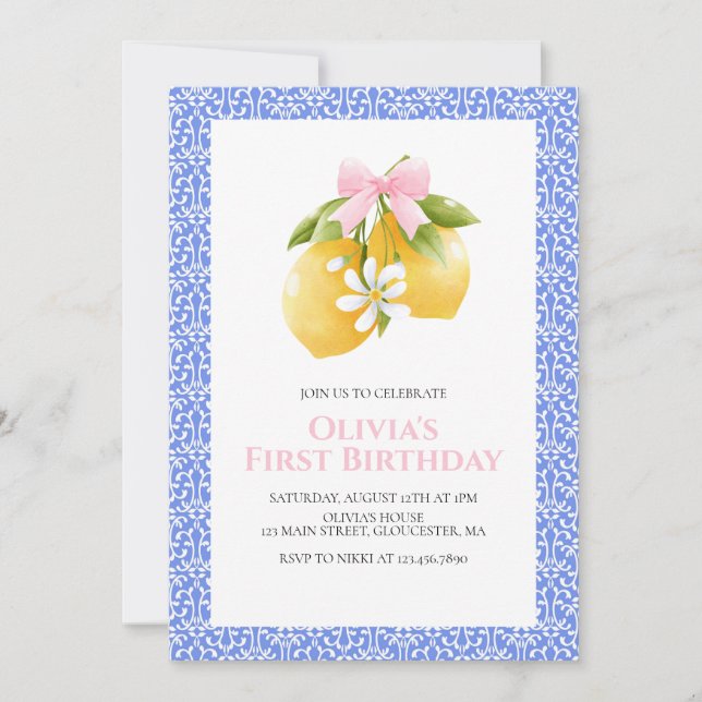 Lemon Pink Bow prydlig Coquette födelsedag Inbjudningar (Framsida)