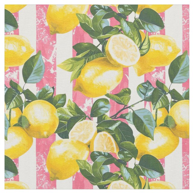 Lemon Pink Stripe Cotton Fabric Tyg (Närbild)