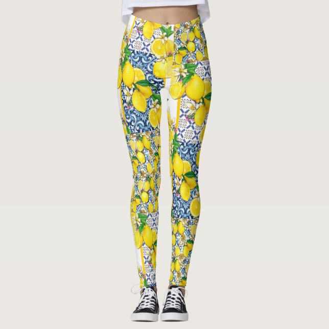 Lemon Portugisiska Azulejo Mediterranean Santorini Leggings (Framsida)