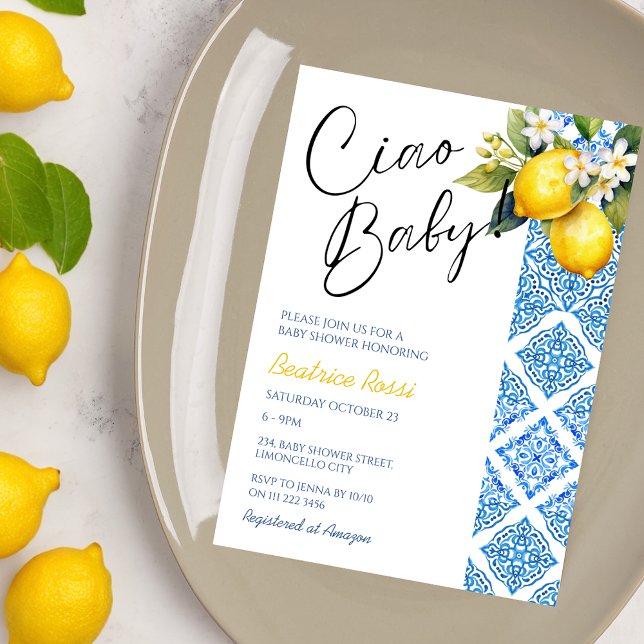 Lemon Positano Italiano Baby Shower Amalfi Tiles Inbjudningar (Lemon Positano Italian Baby Shower Amalfi Tiles Invitation)