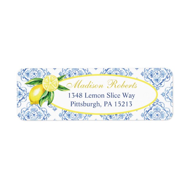Lemon Returetiketter, Blue Tile Italienska Returadress Etikett (Framsidan)