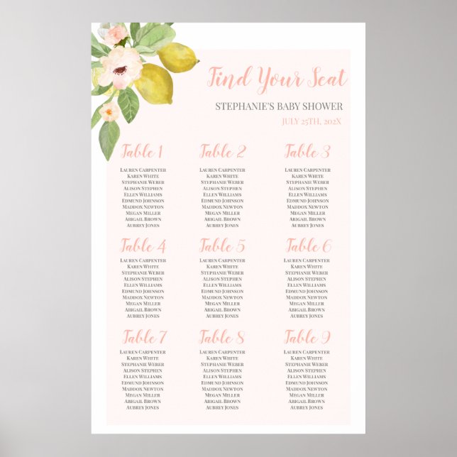 Lemon rosa Baby Shower Girl-sittdiagram Poster (Framsidan)