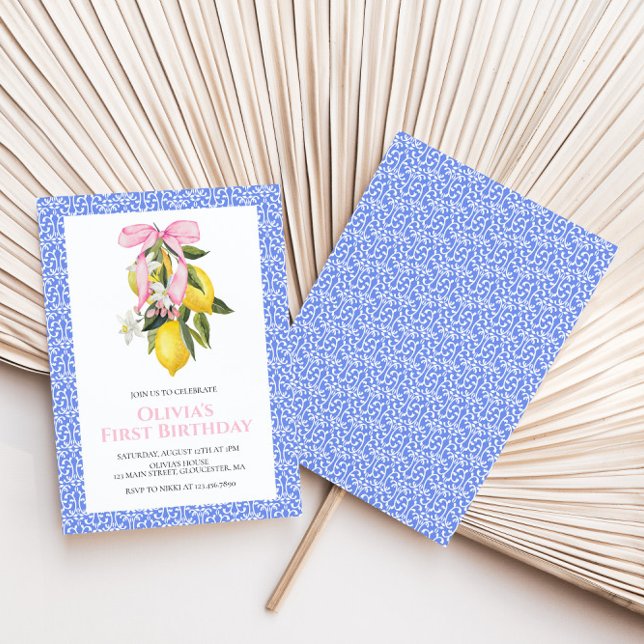 Lemon Rosa Bow-preppy Coquette-födelsedag Inbjudningar (Skapare uppladdad)