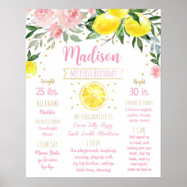 Lemon Rosa Guld Blommigt Första födelsedag Milstol Poster