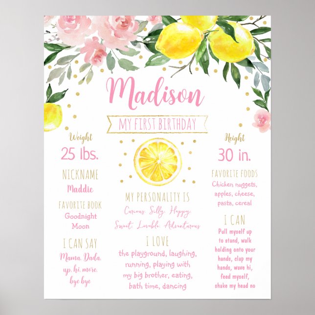 Lemon Rosa Guld Blommigt Första födelsedag Milstol Poster (Framsidan)