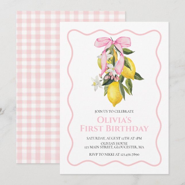 Lemon Rosa Slöja preppy Coquette födelsedag Inbjudningar (Fram/baksida)