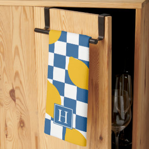 Lemon Rustic Bondgård Blå Vit Rutig Monogram Kökshandduk