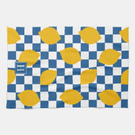Lemon Rustic Farmhouse Blue White Check Monogram Kökshandduk