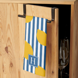 Lemon Rustic Farmhouse Randig Monogram Kökshandduk