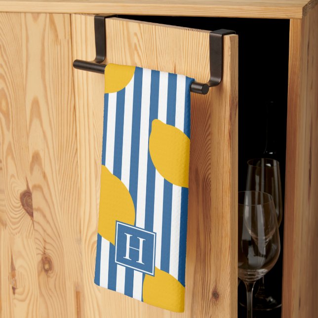 Lemon Rustic Farmhouse Randig Monogram Kökshandduk (Thirds Fold)