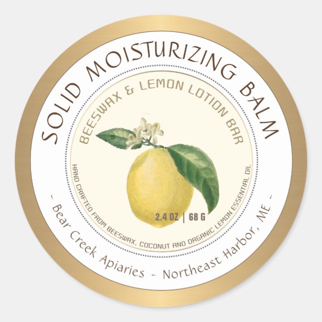 Lemon Scented Beeswax Lotion Pub etikett Guld Grän (Framsida)