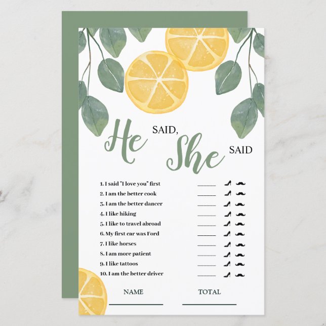 Lemon Slice sa att hon sa Möhippa Game (Fram/baksida)