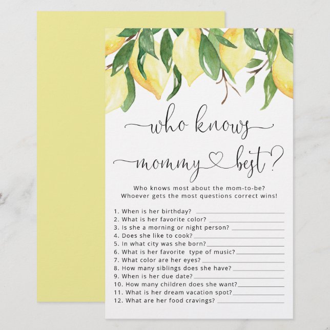 Lemon som känner till Mamma Best Baby Shower-spel (Fram/baksida)