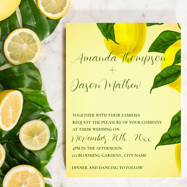Lemon Söt Bright Gult Citrus Bröllop Inbjudningar (Lemon Pretty Bright Yellow Citrus Wedding Invitation)