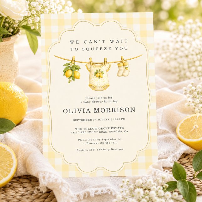 Lemon Squeeze Gingham Gul Bebis Bjudan Inbjudningar (Skapare uppladdad)