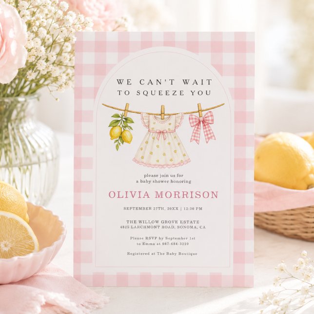 Lemon Squeeze Rosa Rutiga Flickor Baby Shower Inbjudningar (Skapare uppladdad)