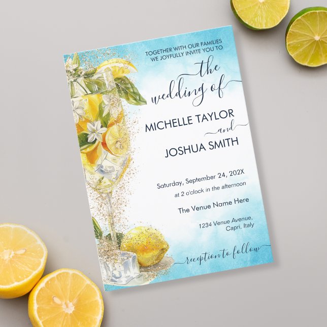 Lemon Summer Cocktail Italien Destination Wedding Inbjudningar (blue and yellow watercolor limoncello)