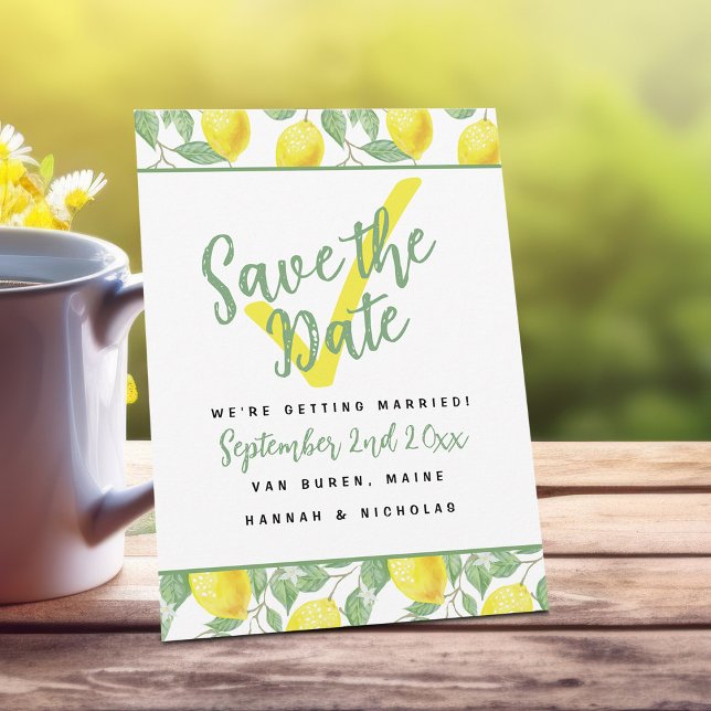Lemon Summer Garden Fresh Chic Botanical Bröllop Spara Datumet (Cheerful Summer Lemon Pattern Save the Date Wedding Announcement)