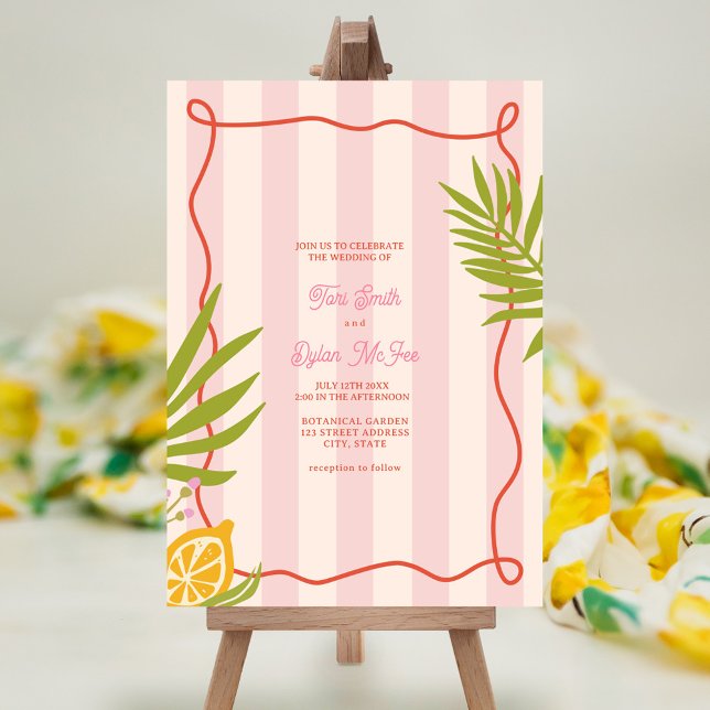 Lemon Swirl Rosa Rand Handflatan Bröllop Inbjudningar (Skapare uppladdad)