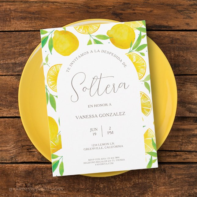 Lemon Theme Inbjudningskort för möhippan på spansk (Invitación despedida de soltera. Tema limones, en español, personalizable, descarga digital opcional)