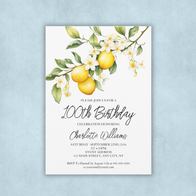 Lemon Theme Watercolo 100:e Födelsedagsfesten Inbjudningar (Lemon Theme Watercolo 100th Birthday Party Invitation)