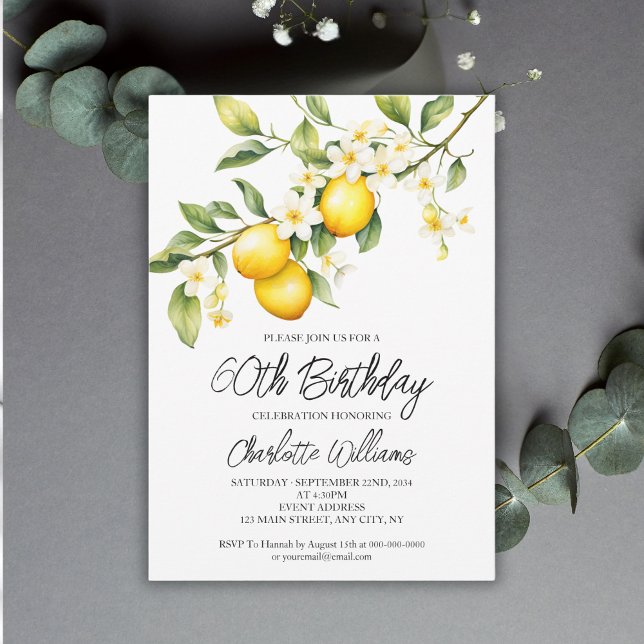 Lemon Theme Watercolor 60:e Födelsedagsfesten Inbjudningar (Lemon Theme Watercolor 60th Birthday Party Invitation
)