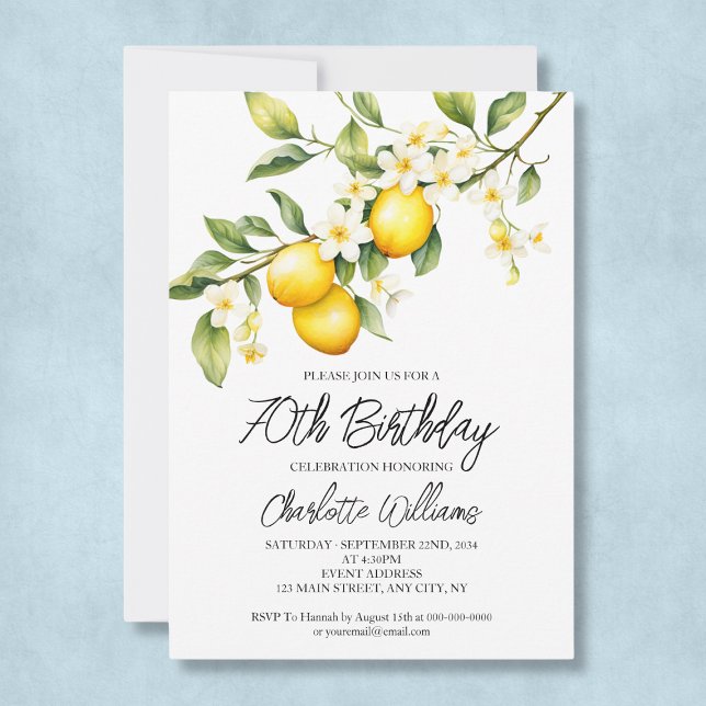 Lemon Theme Watercolor 70:e Födelsedagsfesten Inbjudningar (Lemon Theme Watercolor 70th Birthday Party Invitation
)