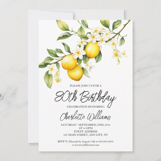 Lemon Theme Watercolor 80:e Födelsedagsfesten Inbjudningar (Framsida)