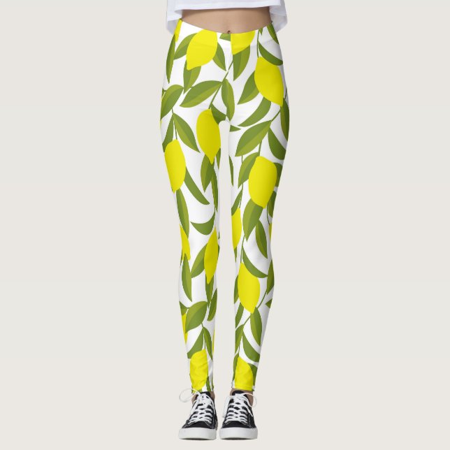 Lemon Träd Art: Gult Citrus Seamless Mönster Leggings (Framsida)