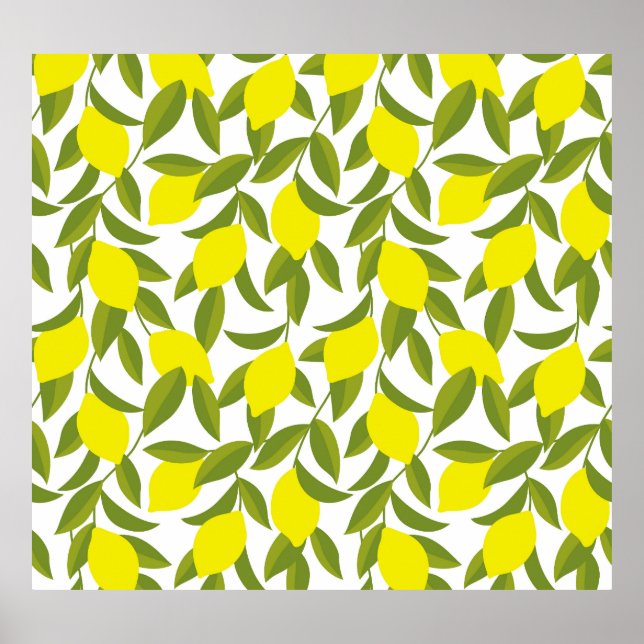 Lemon Träd Art: Gult Citrus Seamless Mönster Poster (Framsidan)