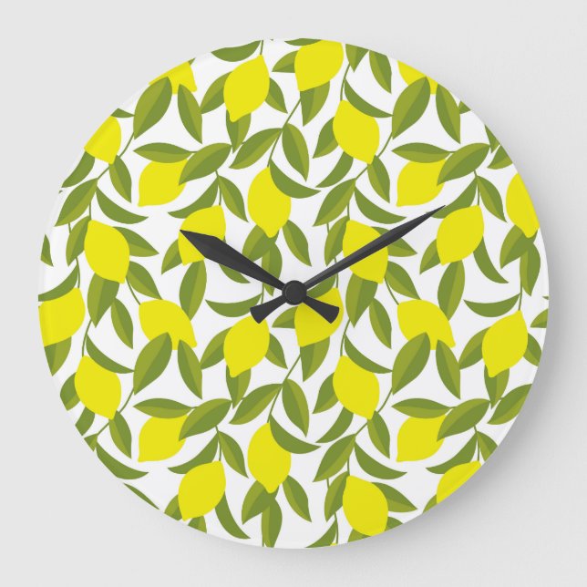Lemon Träd Art: Gult Citrus Seamless Mönster Stor Klocka (Framsida)
