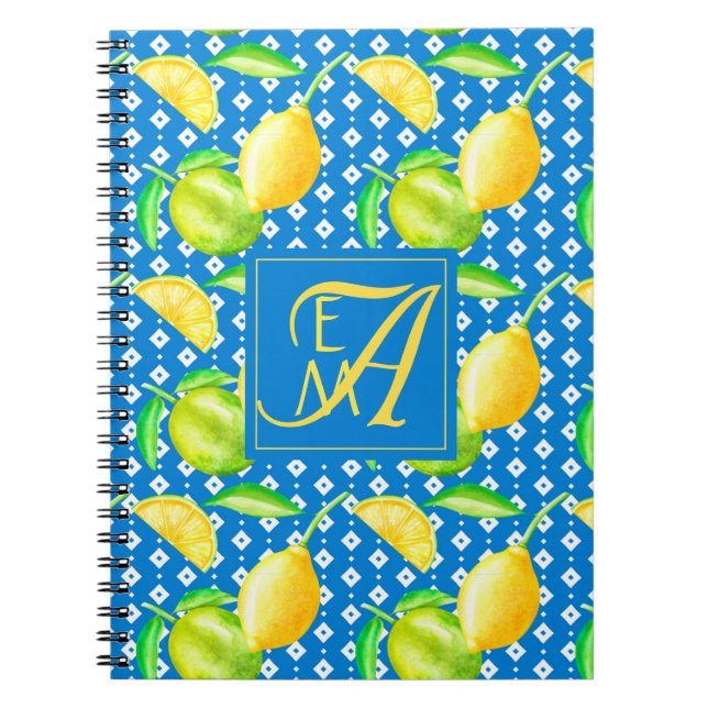 Lemon Träd Ocean Blue MONOGRAM Newlyweds Bröllop Anteckningsbok (Framsidan)