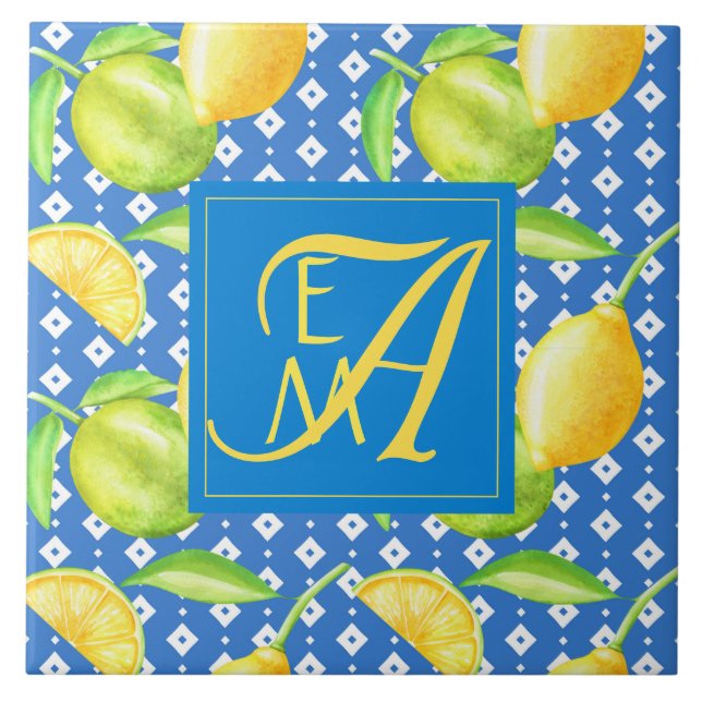 Lemon Träd Ocean Blue MONOGRAM Newlyweds Bröllop Kakelplatta (Framsidan)