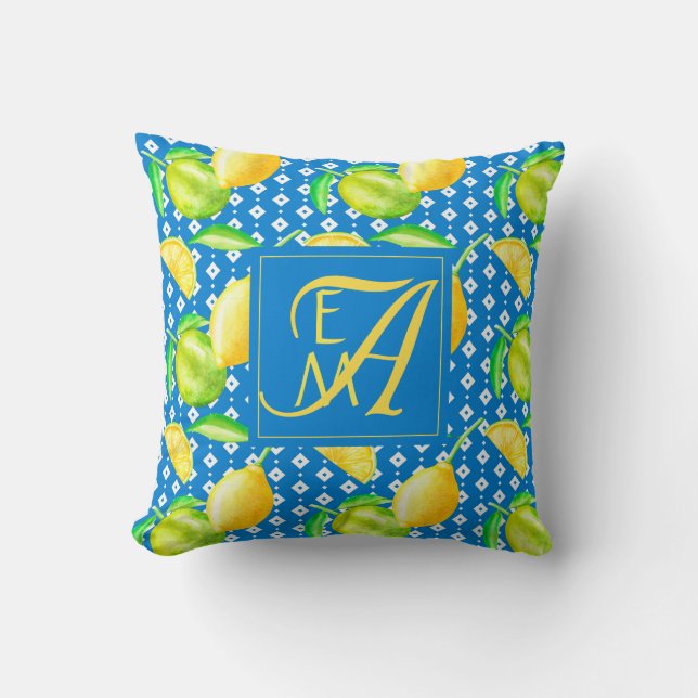 Lemon Träd Ocean Blue MONOGRAM Newlyweds Bröllop Kudde (Framsida)